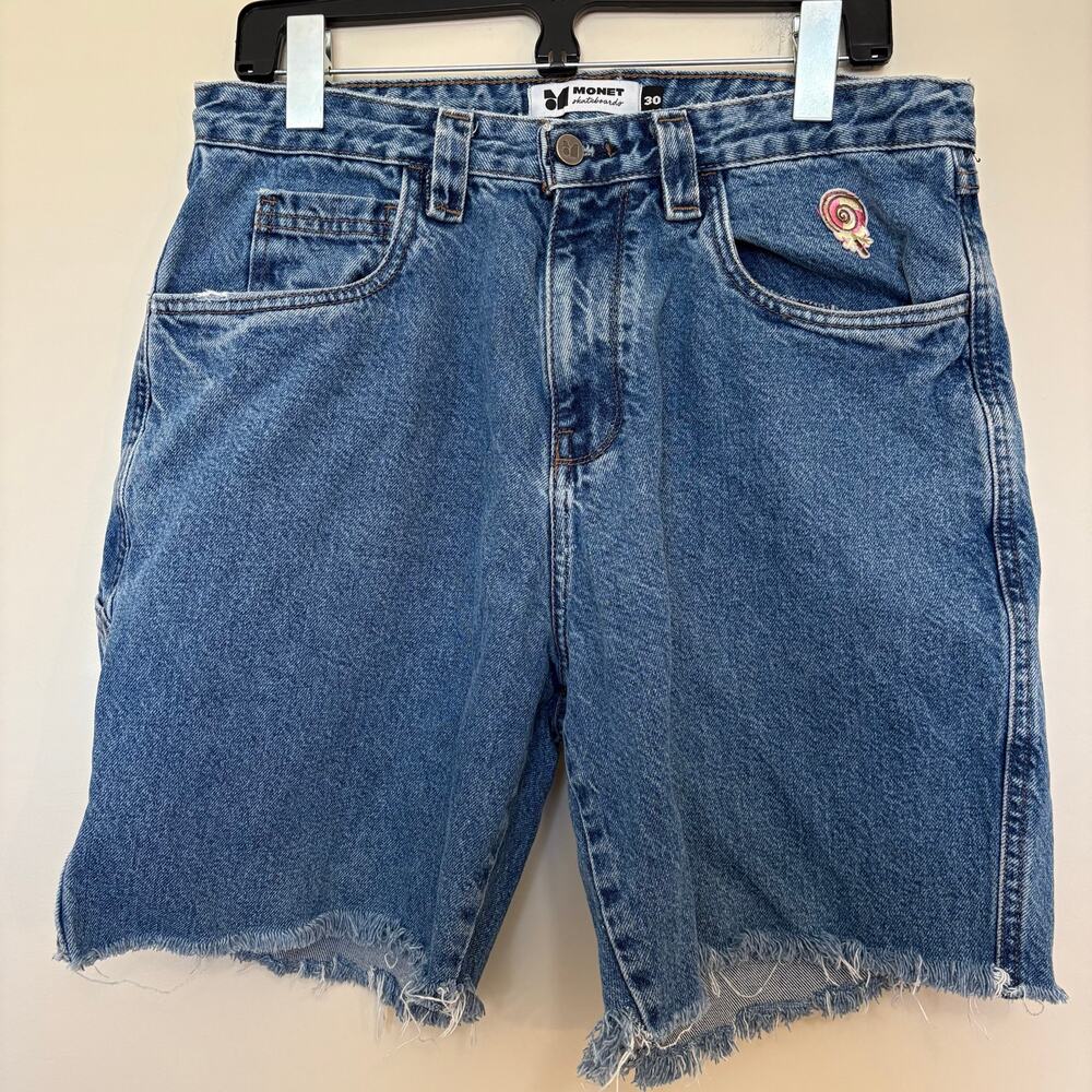 Monet Skateboards denim shorts frayed hem lollipop patch size 30